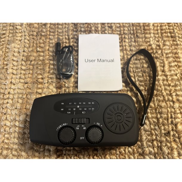 Multifunktionel ndradio med batteri, solceller, hndsving, powerbank og lygte 