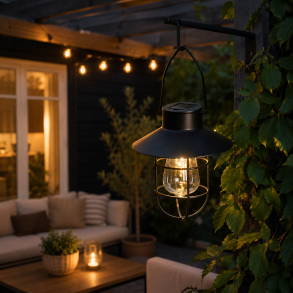 Stemningsfuld solcellelanterne i sort �18 cm - H�ngende LED-lanterne med automatisk t�nding til udend�rs brug