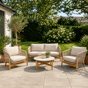 Lounges�t i UV-beskyttet flettet reb og akacietr� til 4 personer, inkl. hynder - Model: Viol