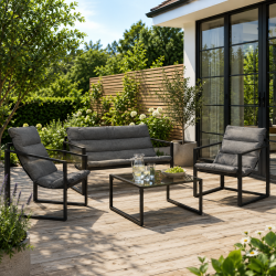 Moderne Mathilde-lounges�t med 4 dele i vedligeholdelsesfrit st�l - Sofa, 2 komfortable loungestole og loungebord med bl�de all weather-hynder - Antracit gr�