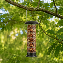 Elegant fuglefoderhus i carbonst�l med oph�ng med nem p�fyldning og velegnet til brug �ret rundt - V�lg mellem til fr�, n�dder eller mejsebolde
