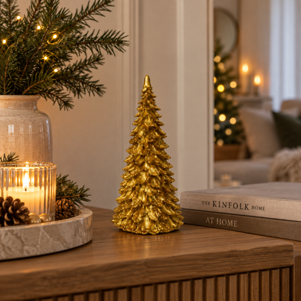 Stemningsfuldt gyldent juletr� i polyresin - Smuk og elegant dekoration til jul - F�s i flere st�rrelser