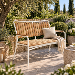 Loungeb�nk til 2 personer i h�jkvalitets teak tr�, v�lg stellets farve