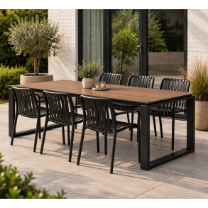 Lily Havem�bels�t i sort med 6 Stabelbare Vedligeholdelsesfrie Havestole og Rummeligt Havebord til Terrasse og Have