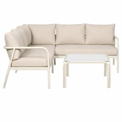 Stilrent lounges�t med hj�rnesofa i polyester og glasbord - B197xD197xH63 cm - Beige