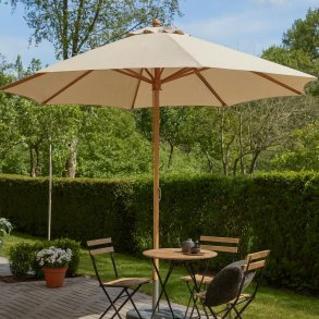 Beige parasol med teakfarvet stang og trksnor - Model: Frank - 3.5M