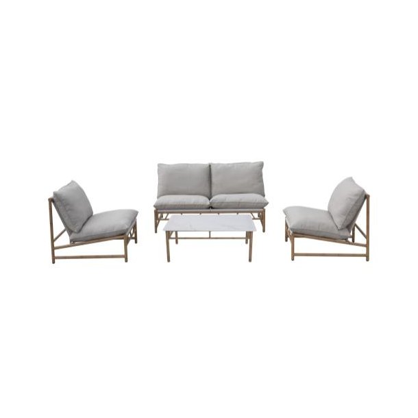 Loungest med aluminiumsstel i bambus-look m. sofa, sofabord og 2 stole - inkl. All-weather hynder