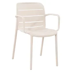 Svea caf�s�t - Stilrent og vedligeholdelsesvenligt caf�s�t med 70x70 caf�bord i sandfarvet aluminium og nonwood og 2 hvide stabelbare havestole 
