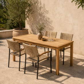 Oline havem�bels�t - Massivt Kronborg teakbord & 4 stilrene og cappuccinofarvede Era stabelstole