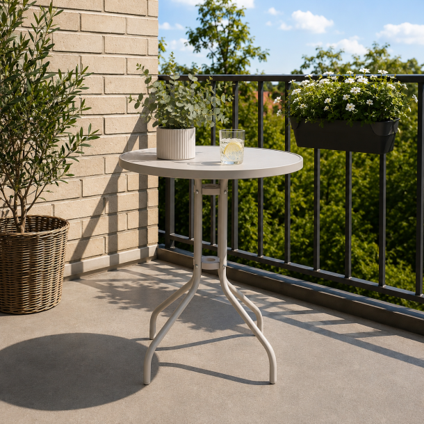 Rundt caf�bord i lysegr�t st�l og matteret glas - �60xH70 cm - Vedligeholdelsesvenligt caf�bord til altanen eller terrassen