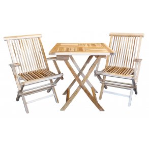 Kafset i silver teak med fllbord och 2 st. hopfllbara stolar med armstd. Modell Bali.