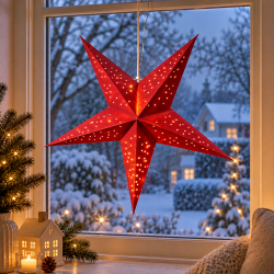 Hyggelig �60 cm papirstjerne med 10 varme LED-lys og batteriboks - F�s i flere farver