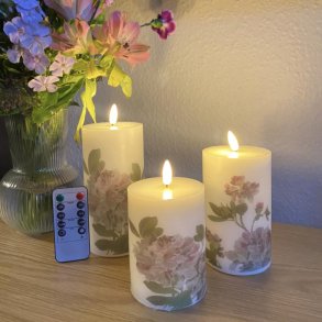 St  3 elegante bloklys med 3D flamme og hortensiamnster - Fjernbetjening medflger!