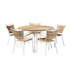 Smukt Ella haves�t � �130 cm rundt teakbord &amp; 5 stabelstole i hvid