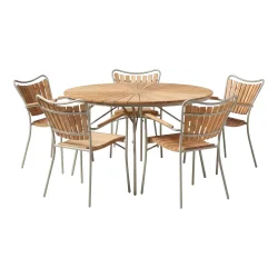 Moderne Ella haves�t � �130 cm teakbord med 5 sandfarvede stabelstole