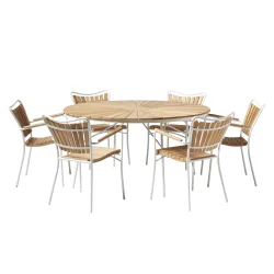 Moderne Ella haves�t � rundt �150 cm teakbord &amp; 6 hvide stole