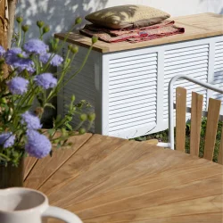 Moderne Ella haves�t � rundt �150 cm teakbord &amp; 6 hvide stole