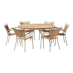 Tidsl�st Ella haves�t � stort rundt teakbord �150 cm &amp; 6 havestole - Sandfarvet
