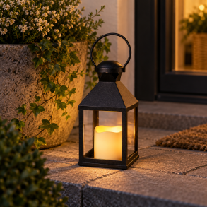 Hyggelig sort lanterne i plast med hvidt LED-lys, timerfunktion og IP44 - Perfekt til b�de inde og ude - F�s i flere st�rrelser