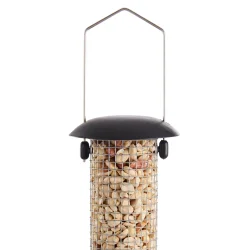 Elegant fuglefoderhus i carbonst�l med oph�ng med nem p�fyldning og velegnet til brug �ret rundt - V�lg mellem til fr�, n�dder eller mejsebolde
