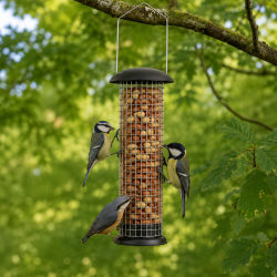 Elegant fuglefoderhus i carbonst�l med oph�ng med nem p�fyldning og velegnet til brug �ret rundt - V�lg mellem til fr�, n�dder eller mejsebolde