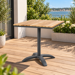 Eline havem�bels�t i teak og antracitfarvet aluminium�- Moderne og pladsbesparende caf�s�t med �t caf�bord 70x70 cm og 2 stabelbare stole - Model: Mood Classic