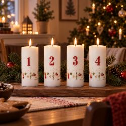 4 stk. LED adventslys med 3D-flamme�og multifunktionsfjernbetjening - Tallene 1-4 og�og juleguirlande motiv - Ingen usund sod i dit hjem med dette s�t!