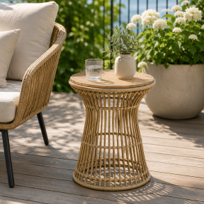 Elegant rundt sidebord i naturfarvet polyrattan - �42xH50 cm - Vedligeholdelsesfrit og vejrbestandigt