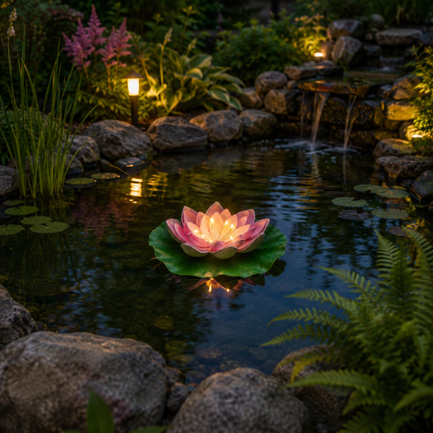 Solcelle lotusblomst flydelys �21 cm - Hyggelig Rosa vanddekoration med 8 LED-lys og IP44