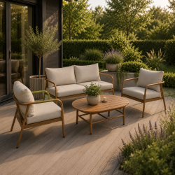 Eksklusivt lounges�t med 4 dele i vedligeholdelsesfrit aluminium - Elegant teaklook bord, 2 komfortable l�nestole og sofa med bl�de All-weather hynder - Beige