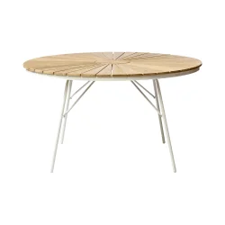 Smukt Ella haves�t � �130 cm rundt teakbord &amp; 5 stabelstole i hvid