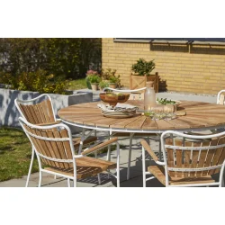 Moderne Ella haves�t � rundt �150 cm teakbord &amp; 6 hvide stole