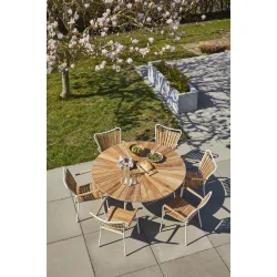 Moderne Ella haves�t � rundt �150 cm teakbord &amp; 6 hvide stole