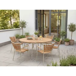 Tidsl�st Ella haves�t � stort rundt teakbord �150 cm &amp; 6 havestole - Sandfarvet