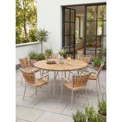 Tidsl�st Ella haves�t � stort rundt teakbord �150 cm &amp; 6 havestole - Sandfarvet