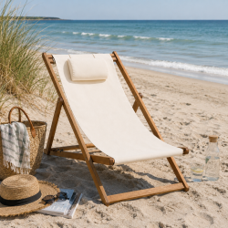 Sammenklappelig strandstol i akacietr� og kanvas med flytbar nakkepude - 56,5x97x87 cm - F�s i flere farver