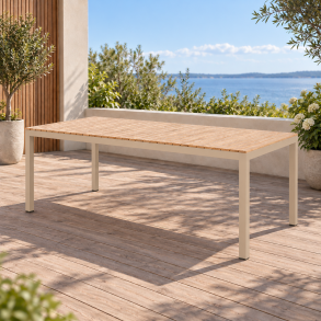 Eksklusivt havebord med teaklameller og sandfarvet aluminiumsstel -�B208xD100xH74 cm - Model: Mood Extreme