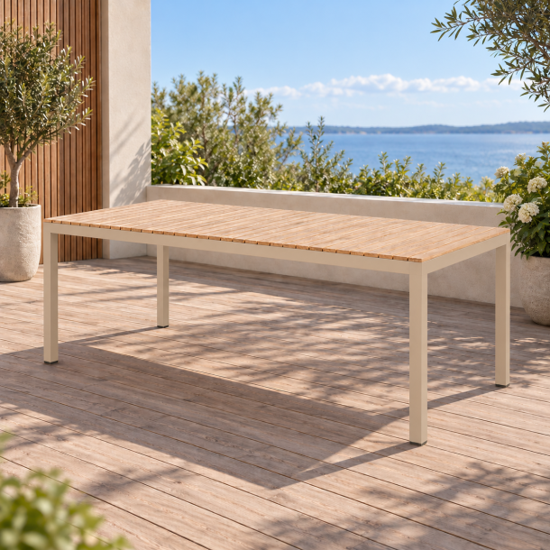 Eksklusivt havebord med teaklameller og sandfarvet aluminiumsstel -�B208xD100xH74 cm - Model: Mood Extreme