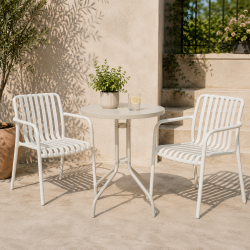 Rundt caf�bord i lysegr�t st�l og matteret glas - �60xH70 cm - Vedligeholdelsesvenligt caf�bord til altanen eller terrassen