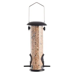 Elegant fuglefoderhus i carbonst�l med oph�ng med nem p�fyldning og velegnet til brug �ret rundt - V�lg mellem til fr�, n�dder eller mejsebolde
