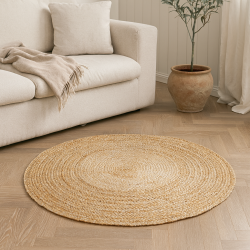 Sknt alsidigt og slidstrkt rundt tppe i natur jute - vlg strrelse!