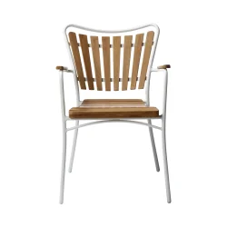 Smukt Ella haves�t � �130 cm rundt teakbord &amp; 5 stabelstole i hvid