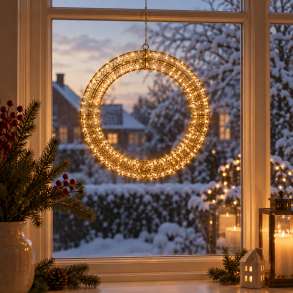 Smuk guldfarvet dekorationsring i metal med hyggeligt LED-lys og adapter - Til indend�rs og udend�rs brug - F�s i flere st�rrelser