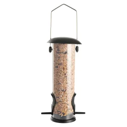 Elegant fuglefoderhus i carbonst�l med oph�ng med nem p�fyldning og velegnet til brug �ret rundt - V�lg mellem til fr�, n�dder eller mejsebolde
