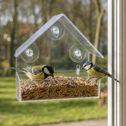 Stilrent fuglefoderhus til vindue - Gennemsigtigt design med sugekopper 15�15�6 cm - Oplev havens fugle helt t�t p�
