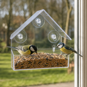 Stilrent fuglefoderhus til vindue - Gennemsigtigt design med sugekopper 15�15�6 cm - Oplev havens fugle helt t�t p�