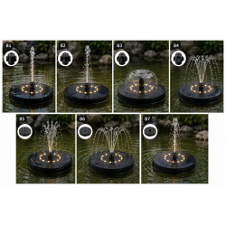 Solcellespringvand med 24 LED-lys - Automatisk t�nd/sluk - 7 forskellige spr�jtem�nstre - �20 cm