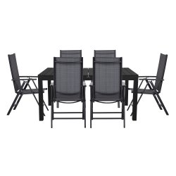 Vedligeholdelsesfrit st, havebord og 6 positionsstole - Sort