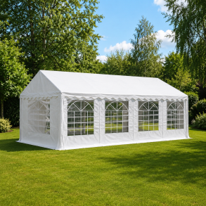 OUTFIT 4x8 meter partytelt - Vandafvisende PE-dug, st�rkt st�lstel og god loftsh�jde - Perfekt til udend�rs arrangementer