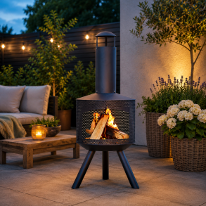 Stilfuldt b�lsted med skorsten �43xH114 cm - H�vet terrassemodel i robust varmeresistent st�l inkl. ildrager - Sort